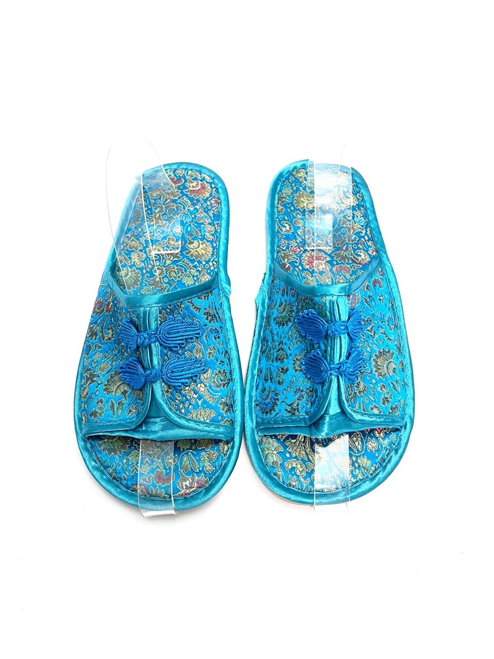 Vintage 1980s teal brocade Asian style rubber sole mule slippers